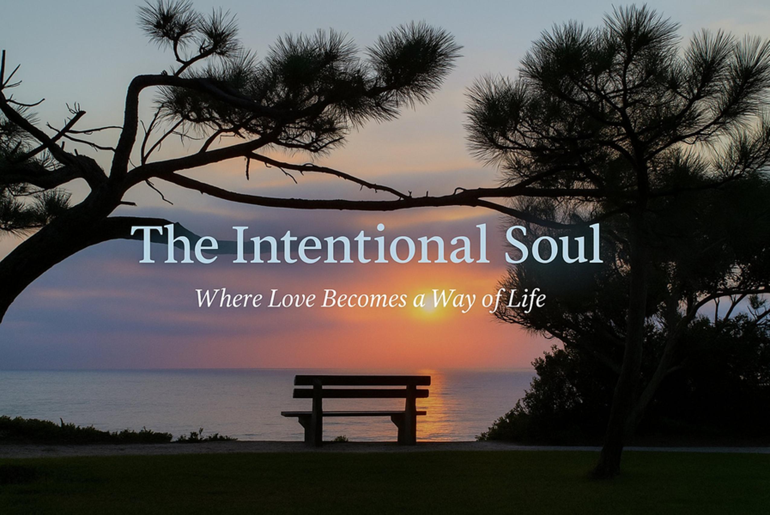 A bench overlooking the water at sunset, with the words The Intentional Soul — Where Love Becomes a Way of Life