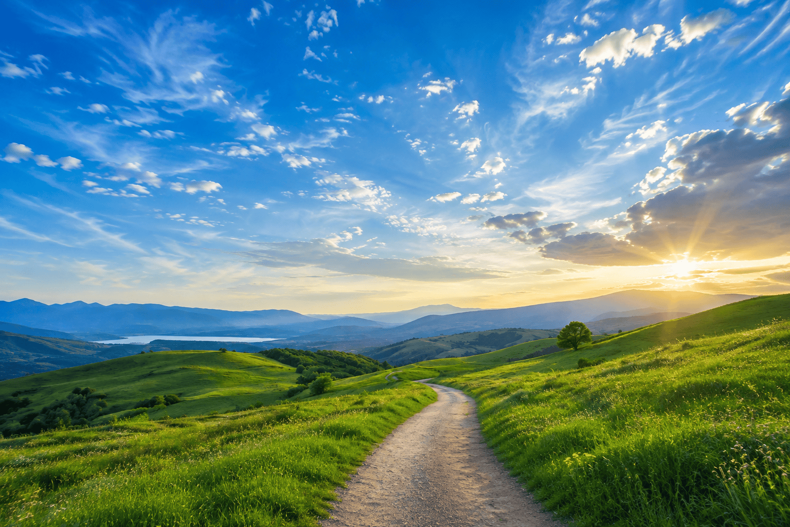 A winding path crosses green hills toward distant mountains beneath a sunlit sky.