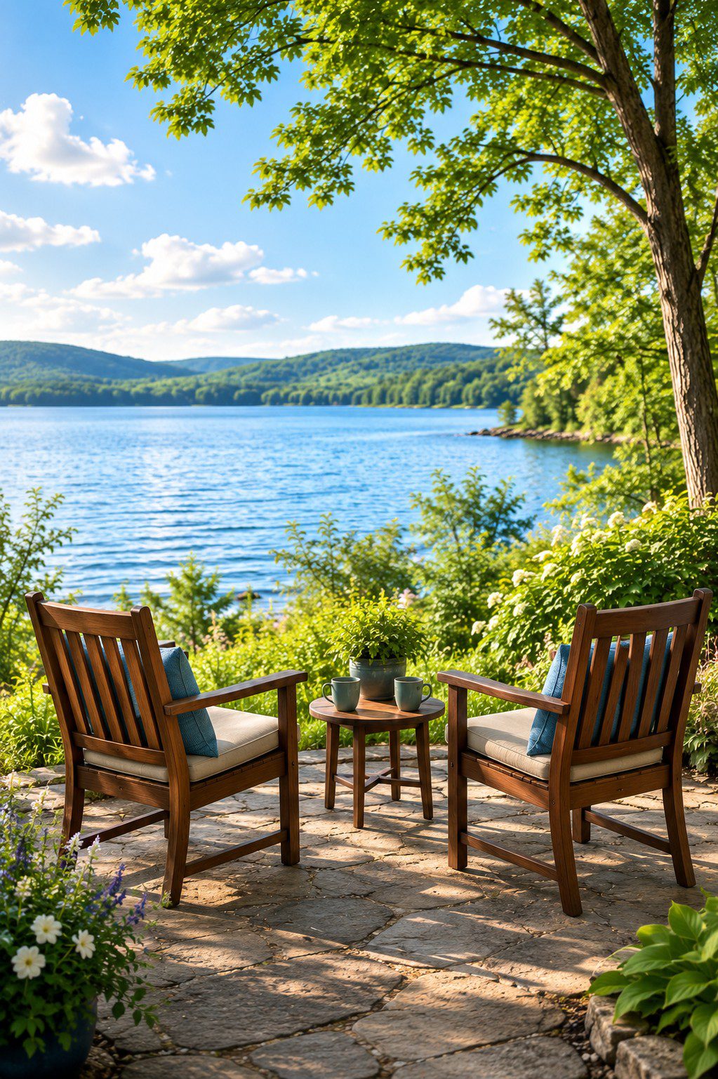 Two wooden chairs with a small table between them, overlooking a quiet lake