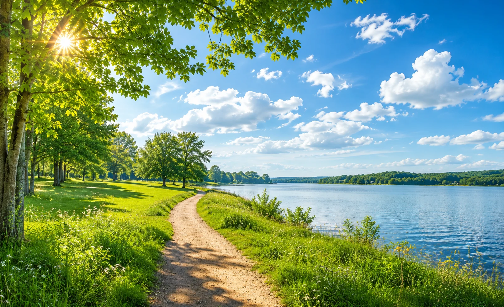 A sunlit path through green trees along a lake shore, under a bright blue sky with soft clouds