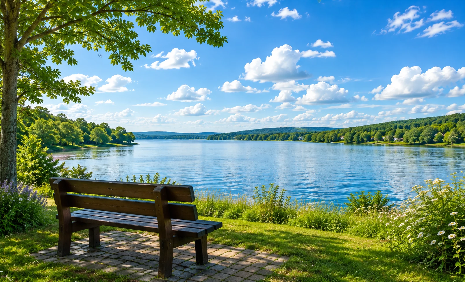 An empty wooden bench beneath a tree, overlooking a bright blue lake under a clear sky with soft clouds